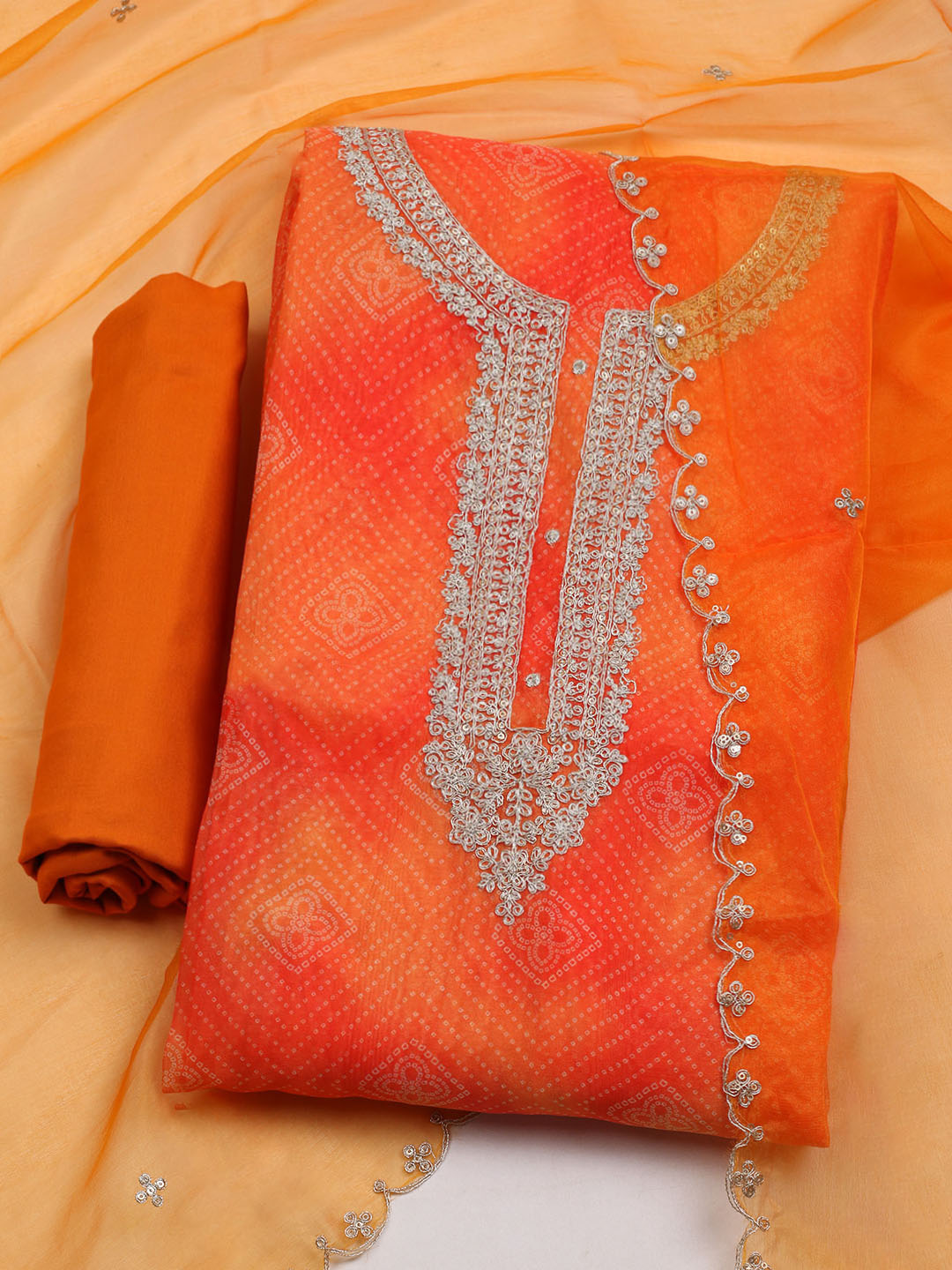 Neck Embroidered &amp; Printed Organza Unstitched Suit With Dupatta