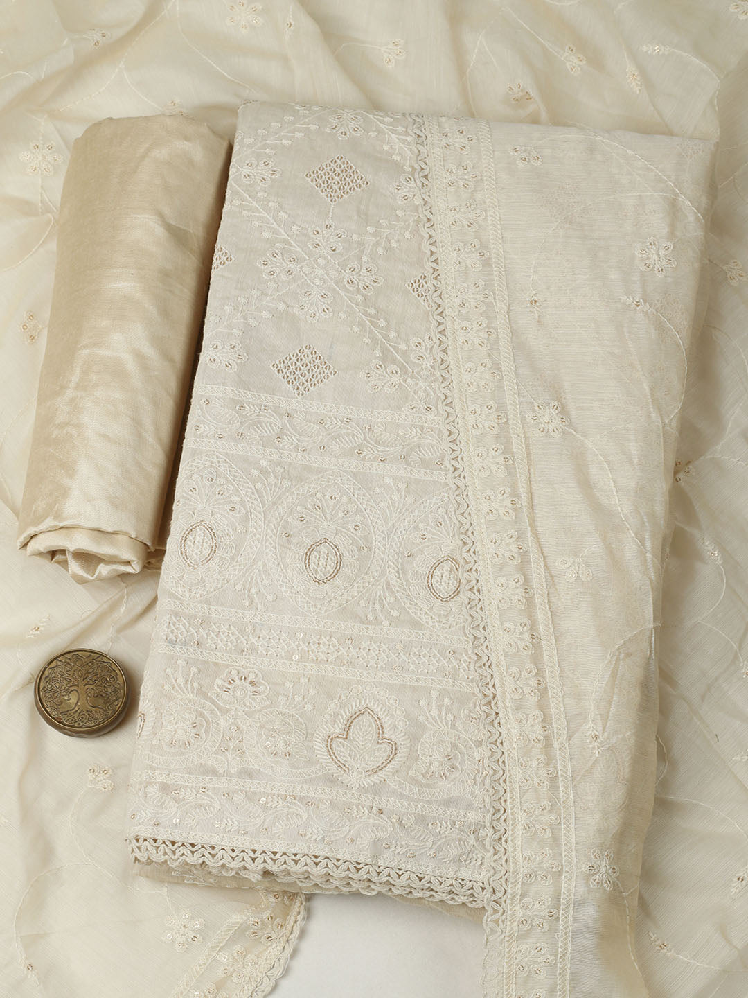 Embroidered Chanderi Unstitched Suit With Pant &amp; Dupatta