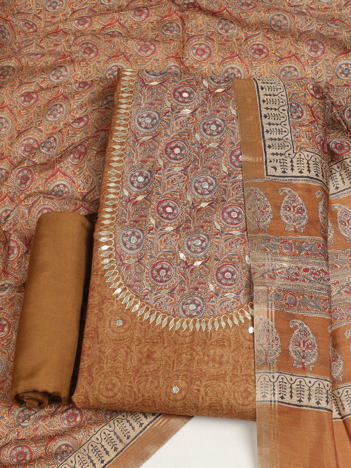 Embroidered Tussar Unstitched Suit With Dupatta
