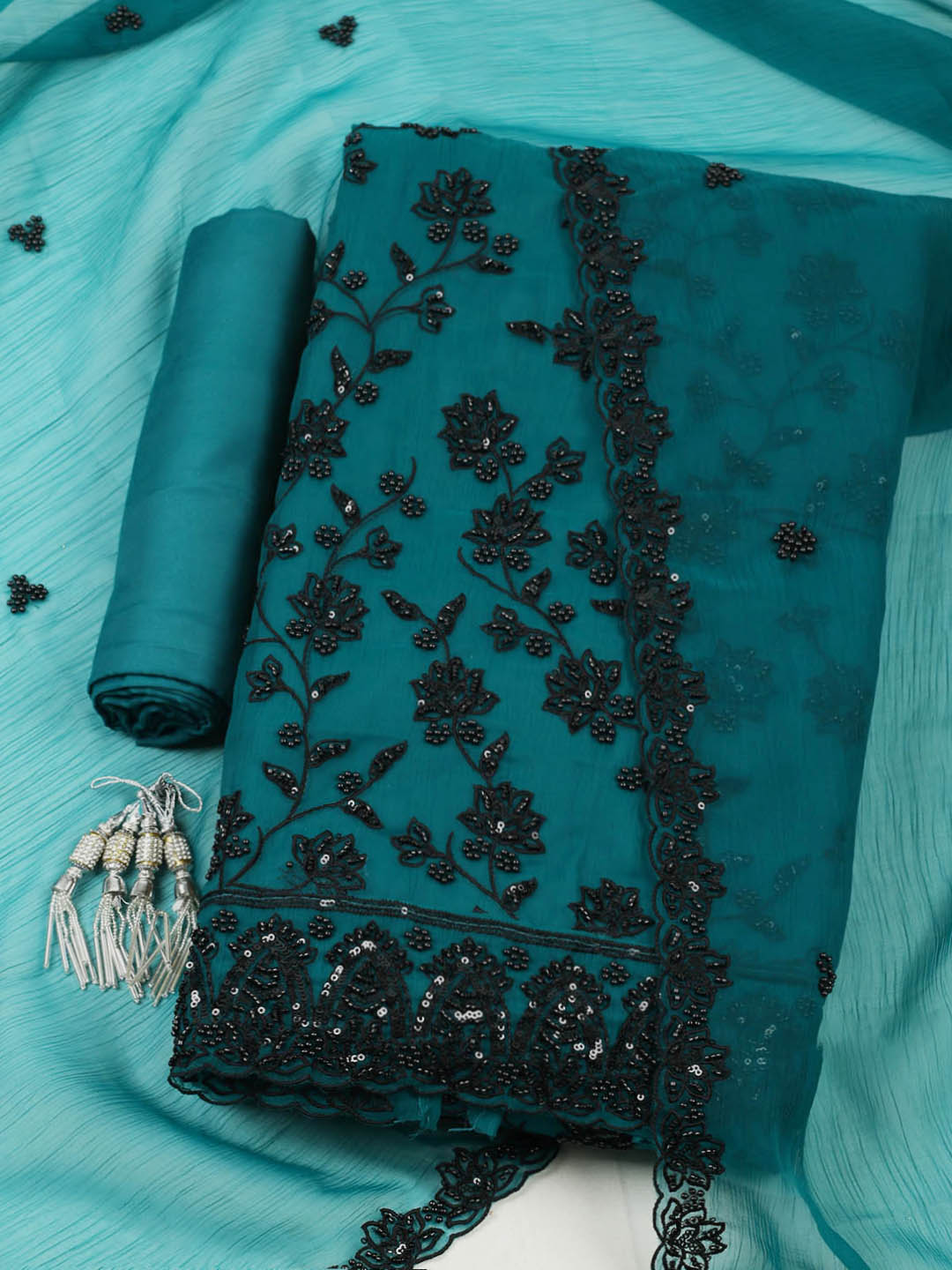 Embroidered Organza Unstitched Suit With Pant &amp; Dupatta