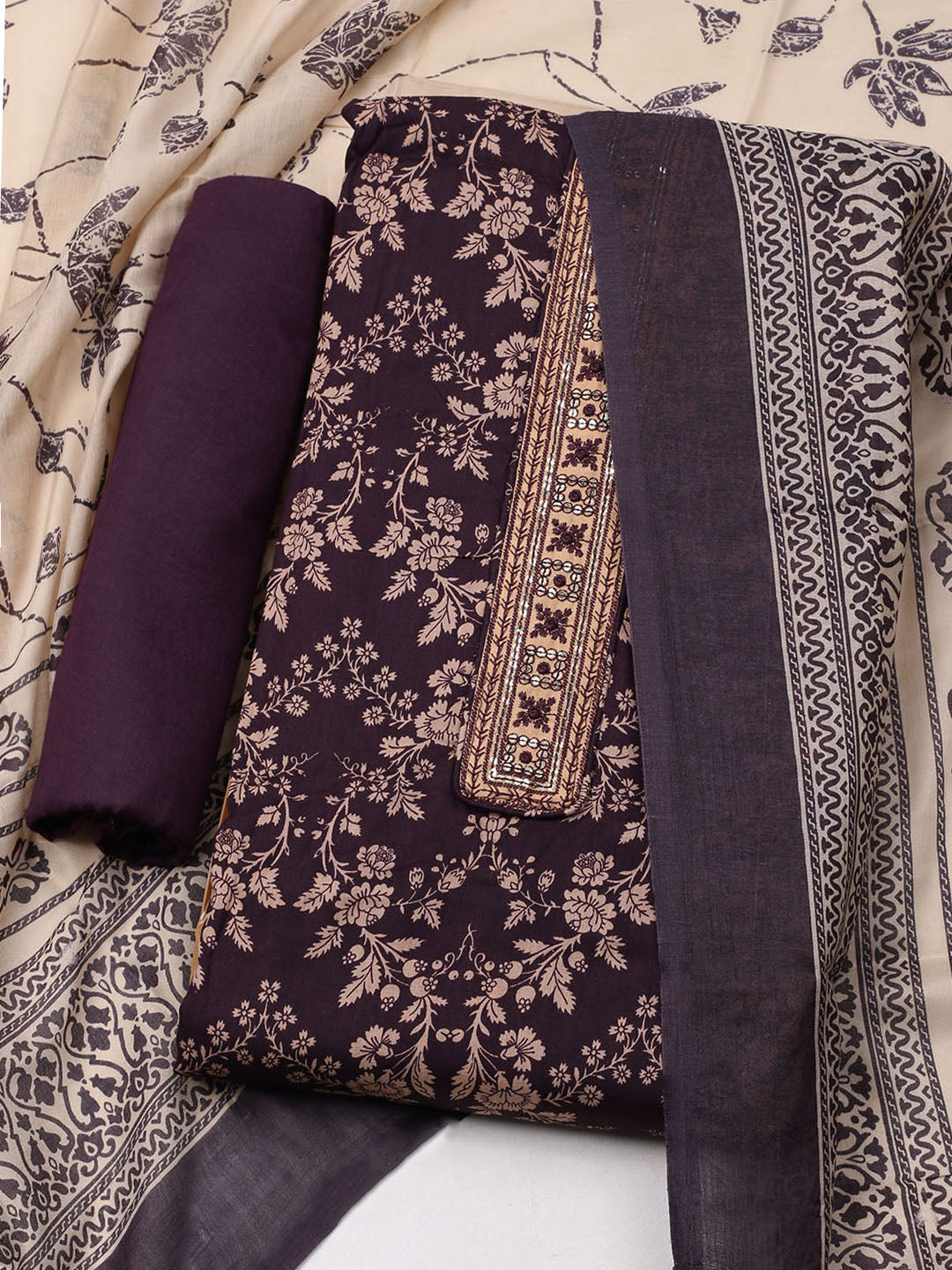Printed Cotton Blend Unstitched Suit With Dupatta