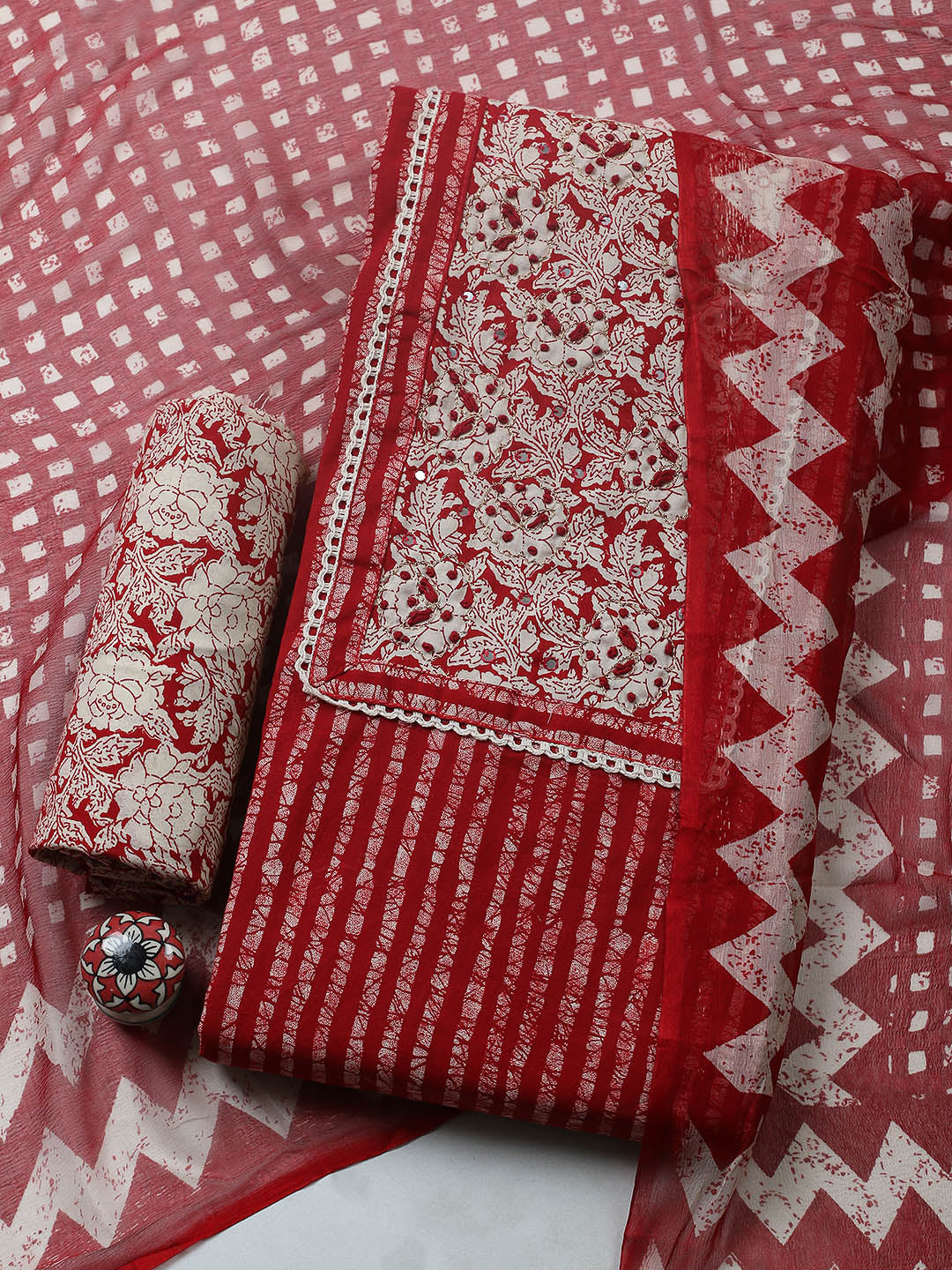 Embroidered Cotton Blend Unstitched Suit With Pant &amp; Dupatta