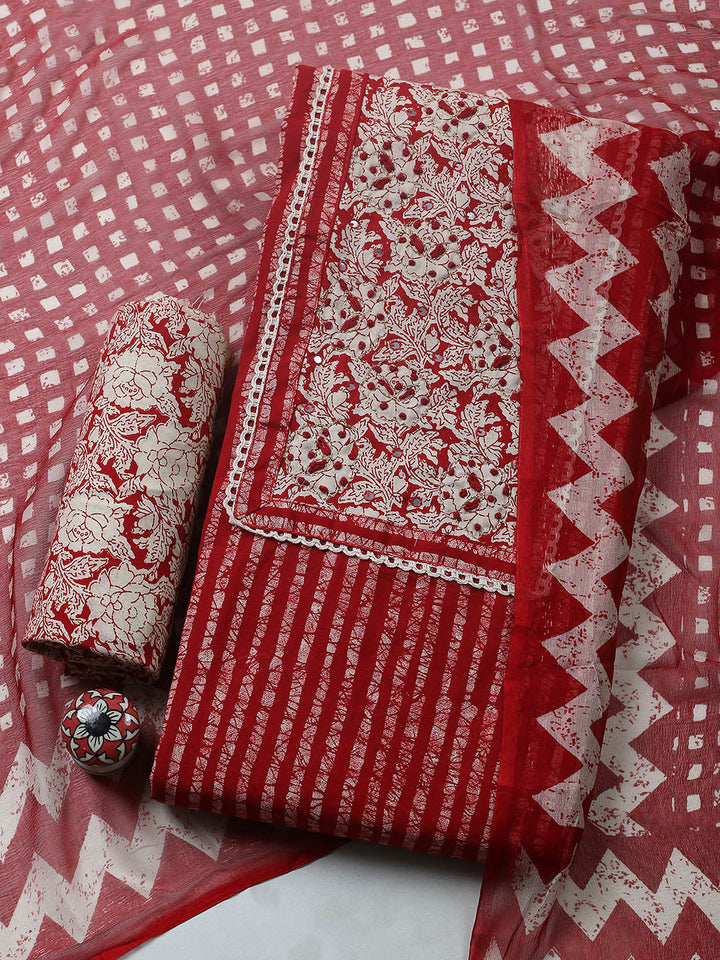 Embroidered Cotton Blend Unstitched Suit With Pant &amp; Dupatta