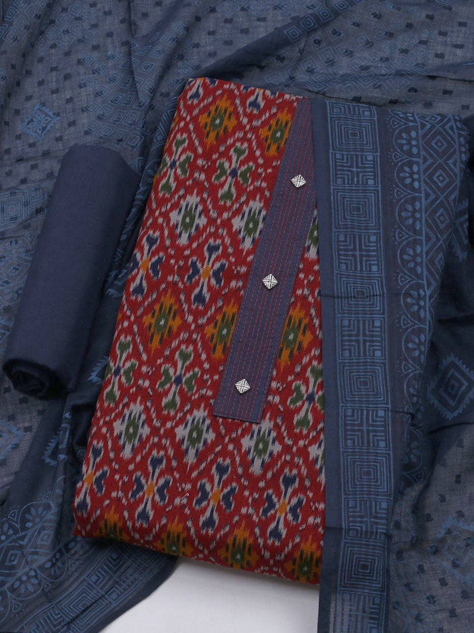 Patch Neck Cotton Blend Unstitched Suit With Dupatta
