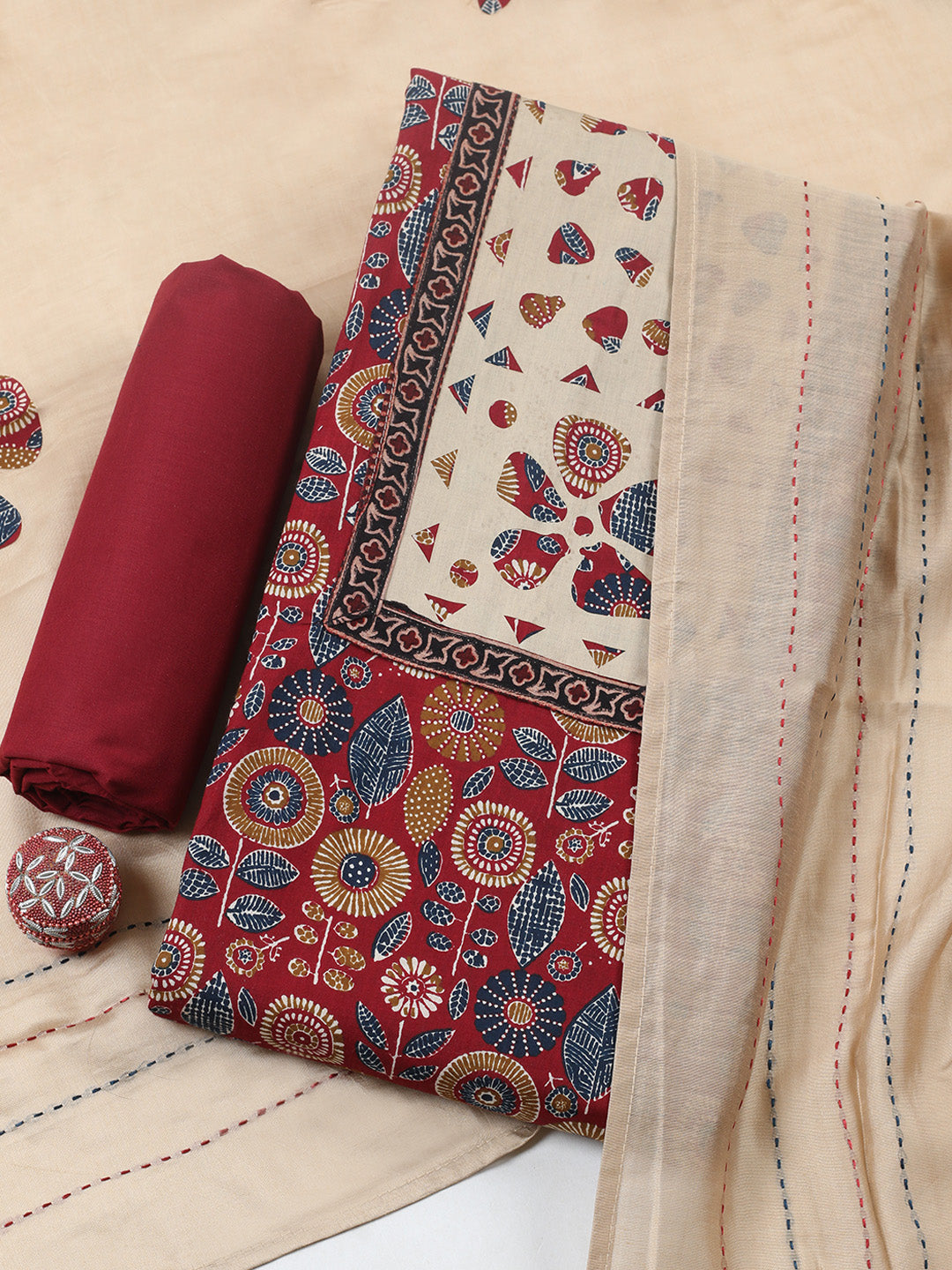 Embroidered, Cotton Blend Unstitched Suit With Pant &amp; Dupatta