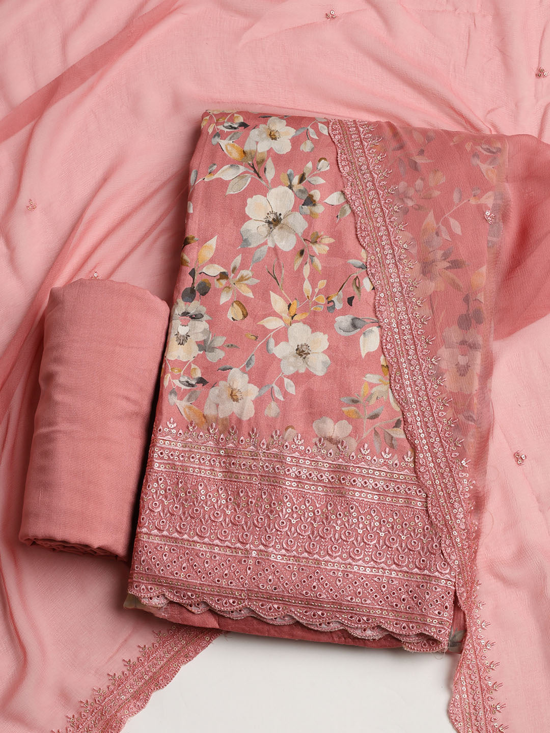 Printed Cotton Blend Unstitched Suit With Dupatta