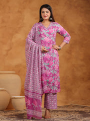 Printed Cotton Blend Kurta With Pants & Dupatta