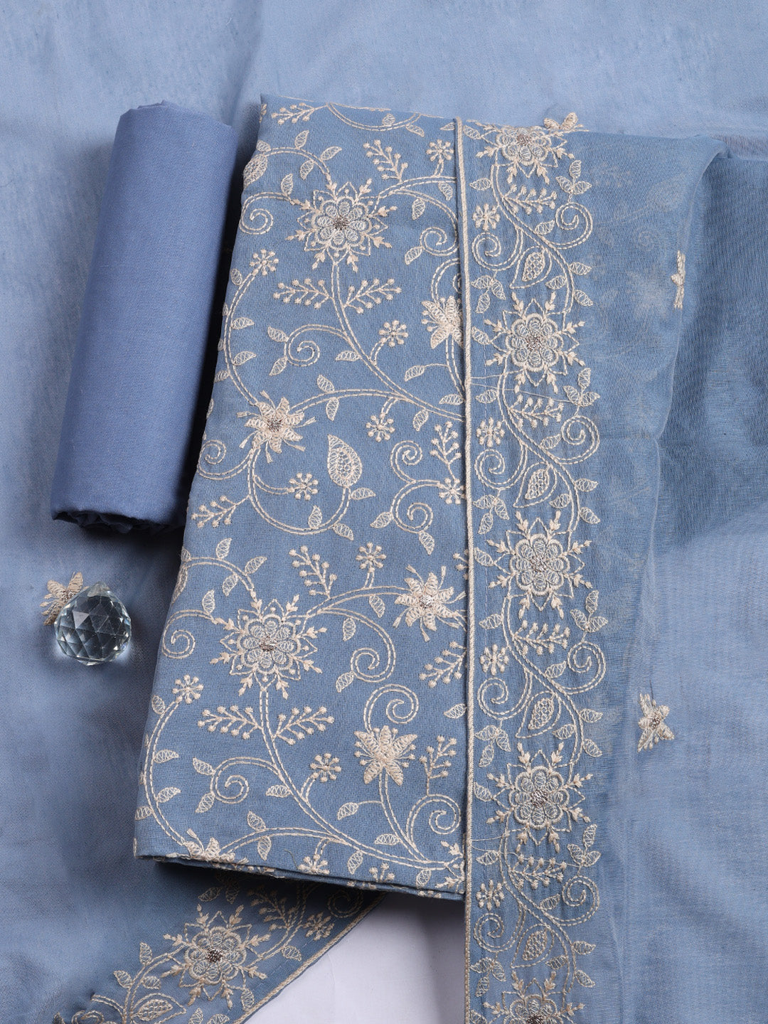 Embroidered Cotton Blend Unstitched Suit With Pant &amp; Dupatta
