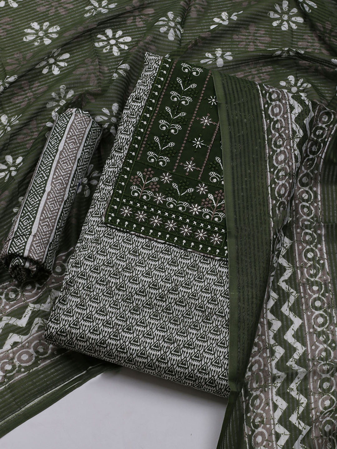 Printed Cotton Blend Unstitched Suit With Dupatta