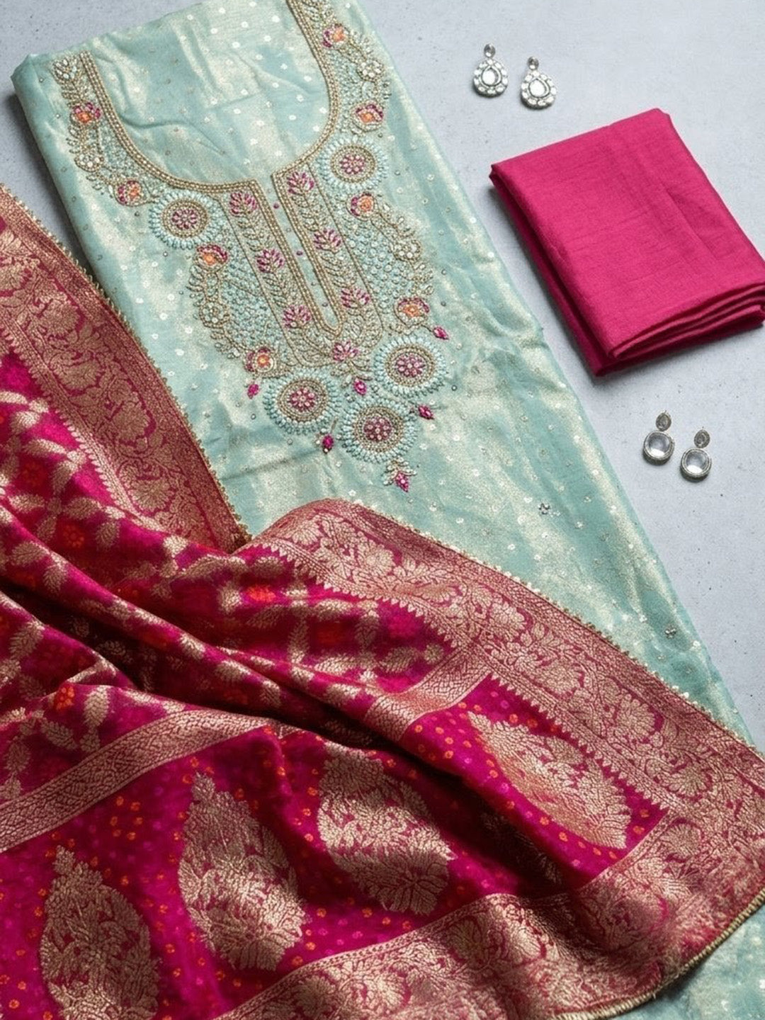 Embroidered Tissue Unstitched Suit With Pant &amp; Dupatta