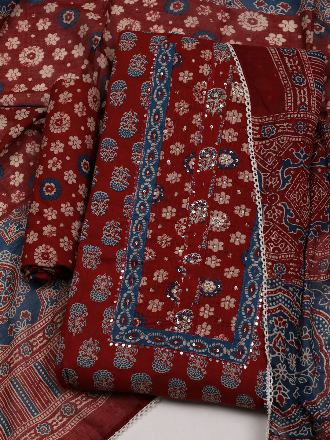 Printed Cotton Blend Unstitched Suit With Dupatta