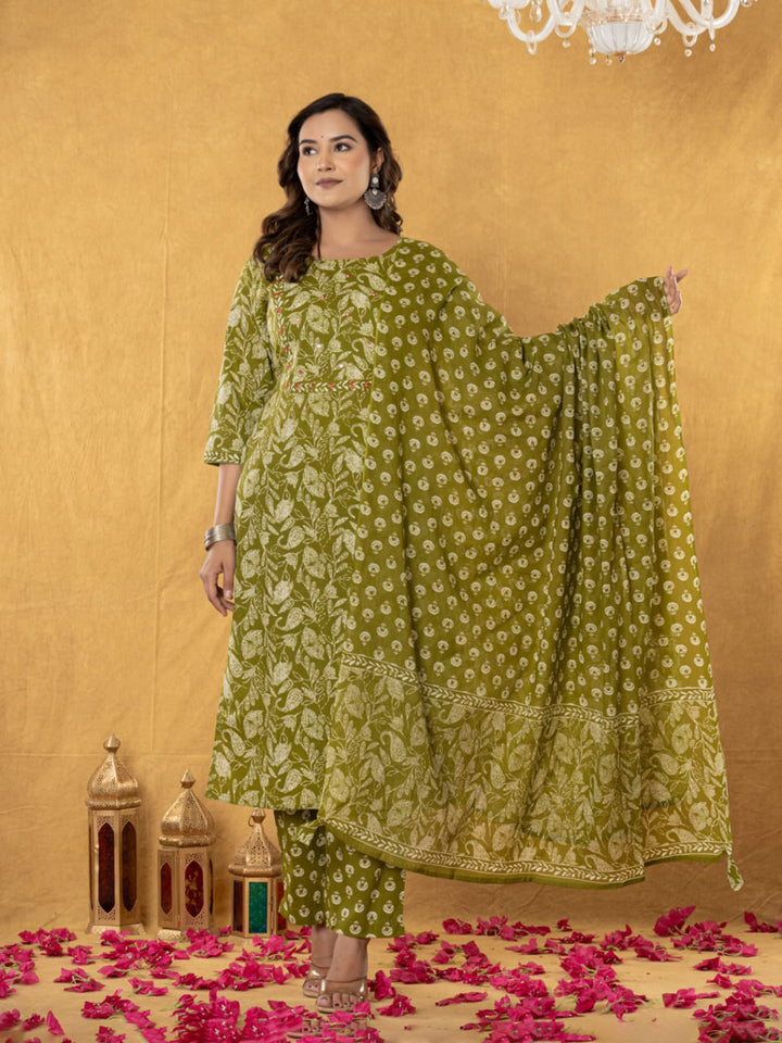 Embroidered Cotton Blend Kurta With Pant &amp; Dupatta