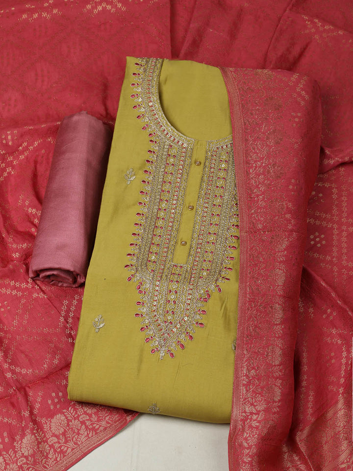 Embroidered Chanderi Unstitched Suit With Pant &amp; Dupatta