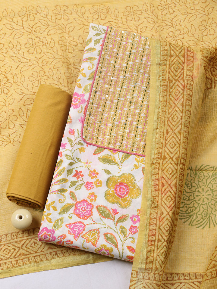Printed Cotton Blend Unstitched Suit With Pant &amp; Dupatta