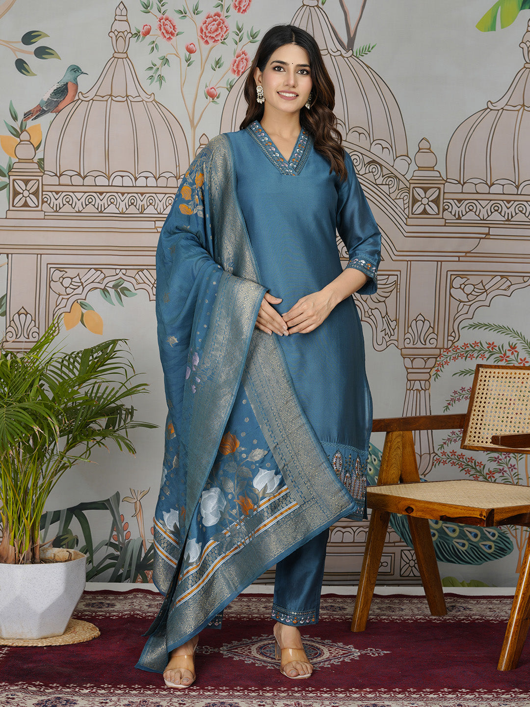 Embroidered Tissue Kurta With Pants &amp; Dupatta