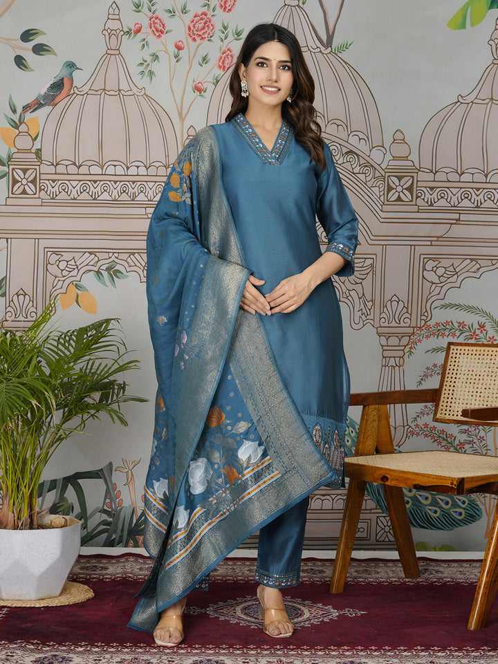 Embroidered Tissue Kurta With Pants &amp; Dupatta