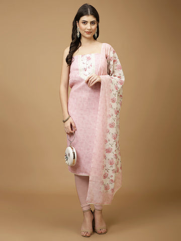 Printed Cotton Blend Unstitched Suit With Dupatta