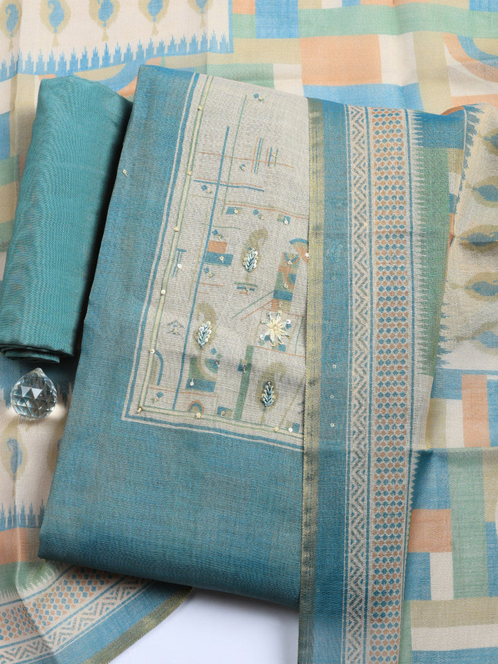 Printed Linen Blend Unstitched Suit With Pant &amp; Dupatta