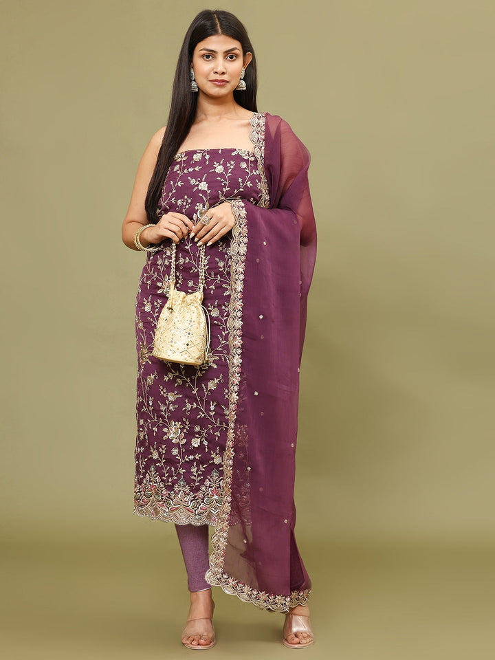 Sequins Work Chinon Unstitched Suit Piece With Dupatta