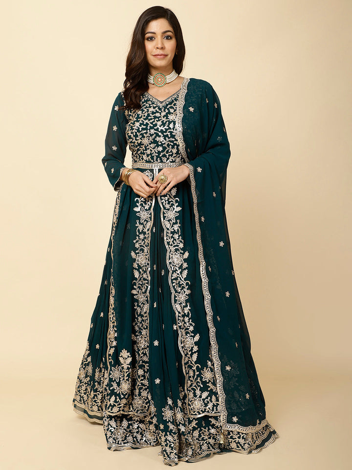 Resham Embroidery Georgette Kurta With Lehenga &amp; Dupatta