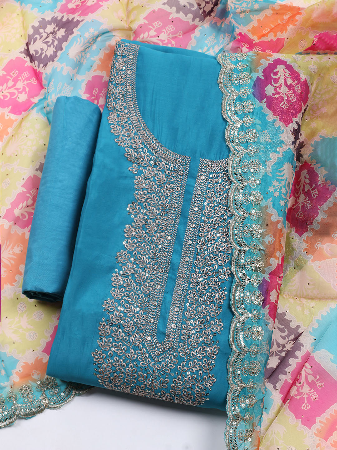 Neck Embroidered Chanderi Unstitched Suit With Dupatta