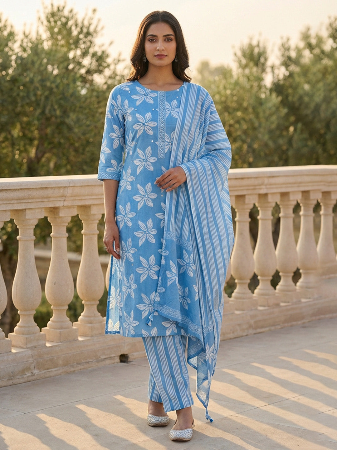 Printed Cotton Blend Kurta With Pant &amp; Dupatta