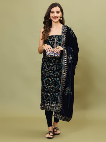 Neck Embroidered Velvet Unstitched Suit Piece With Dupatta