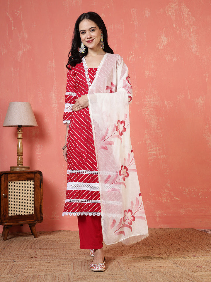 Printed Cotton Blend Kurta With Pants &amp; Dupatta