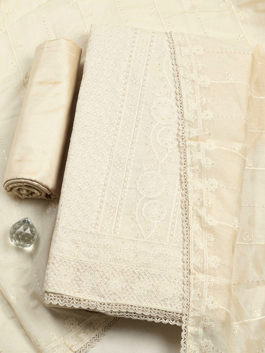 Embroidered Chanderi Unstitched Suit With Pant &amp; Dupatta