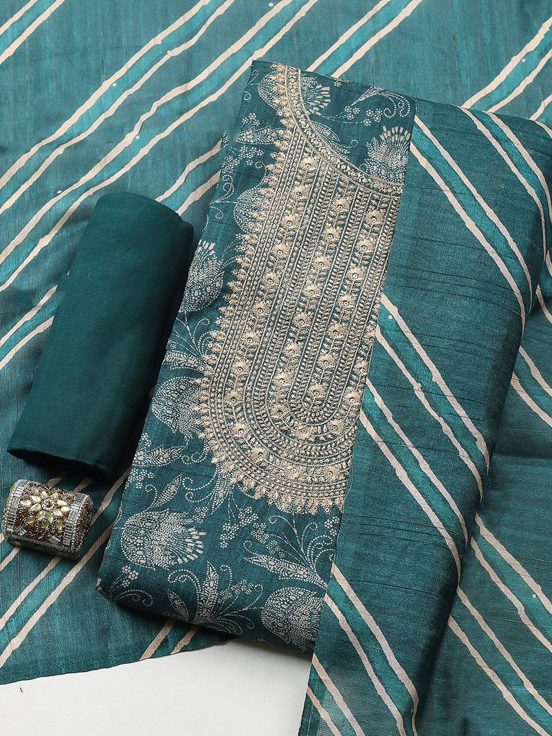 Embroidered Cotton Blend Unstitched Suit With Pant &amp; Dupatta