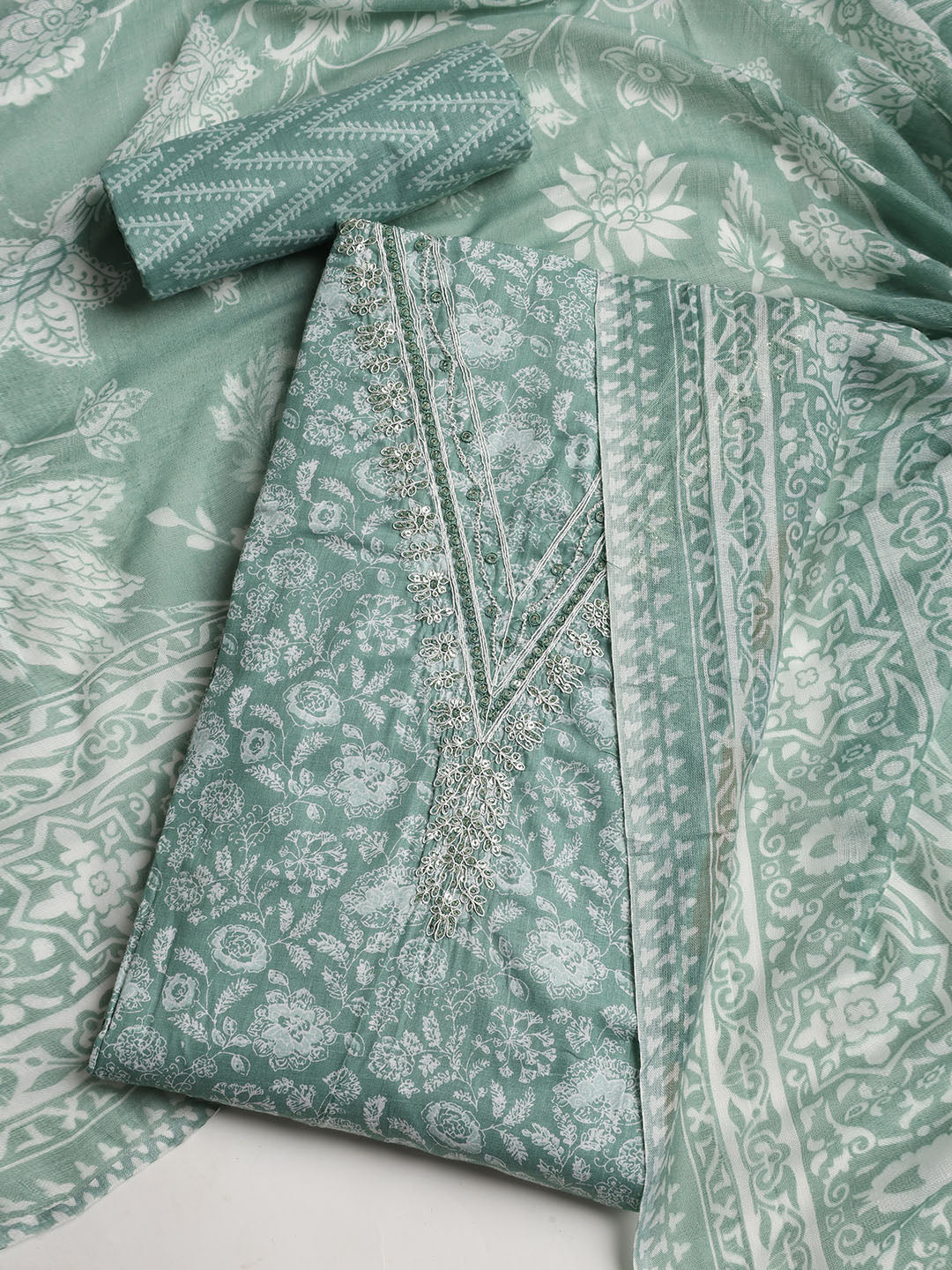 Printed Cotton Blend Unstitched Suit With Dupatta