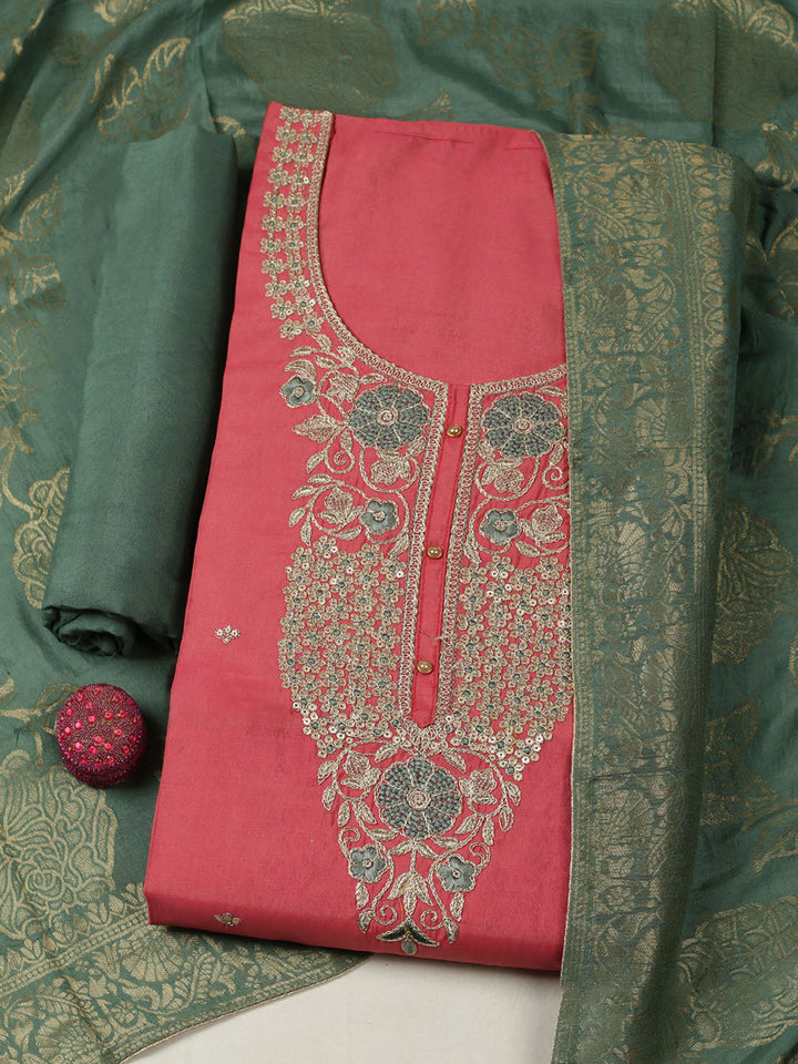Embroidered Chanderi Unstitched Suit With Pant &amp; Dupatta