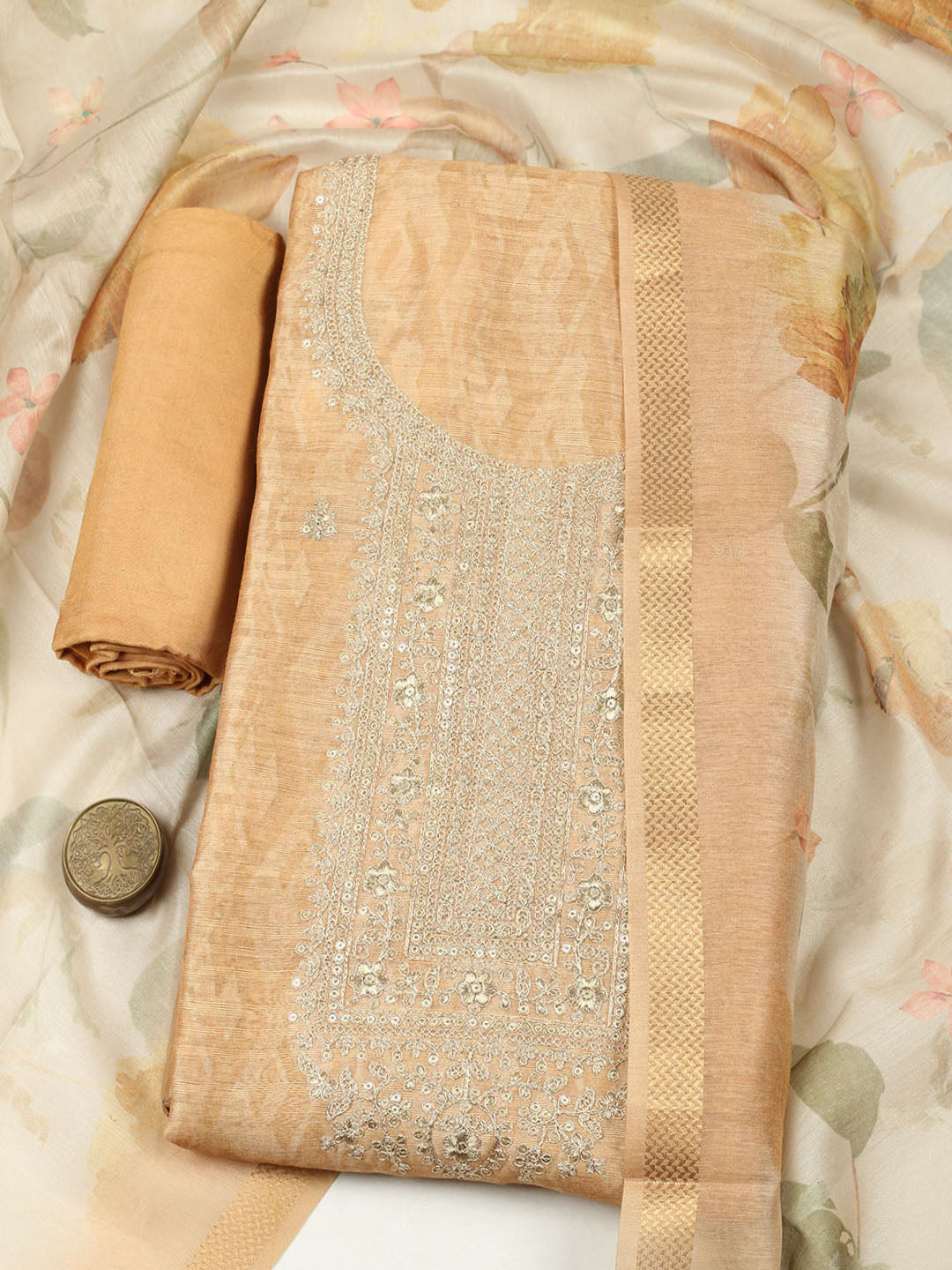 Embroidered Chanderi Unstitched Suit With Pant &amp; Dupatta