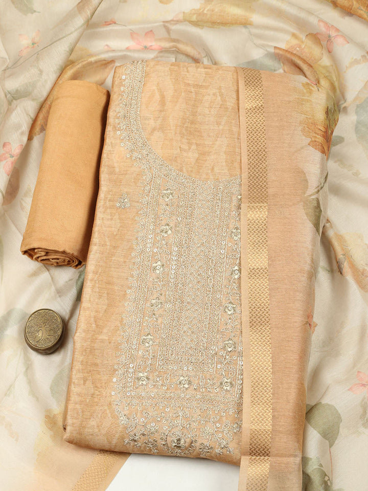 Embroidered Chanderi Unstitched Suit With Pant &amp; Dupatta