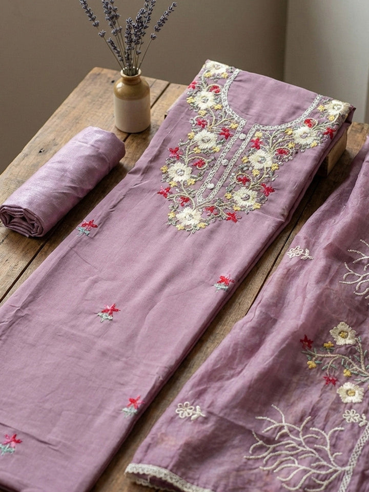 Embroidered Cotton Unstitched Suit With Pant &amp; Dupatta