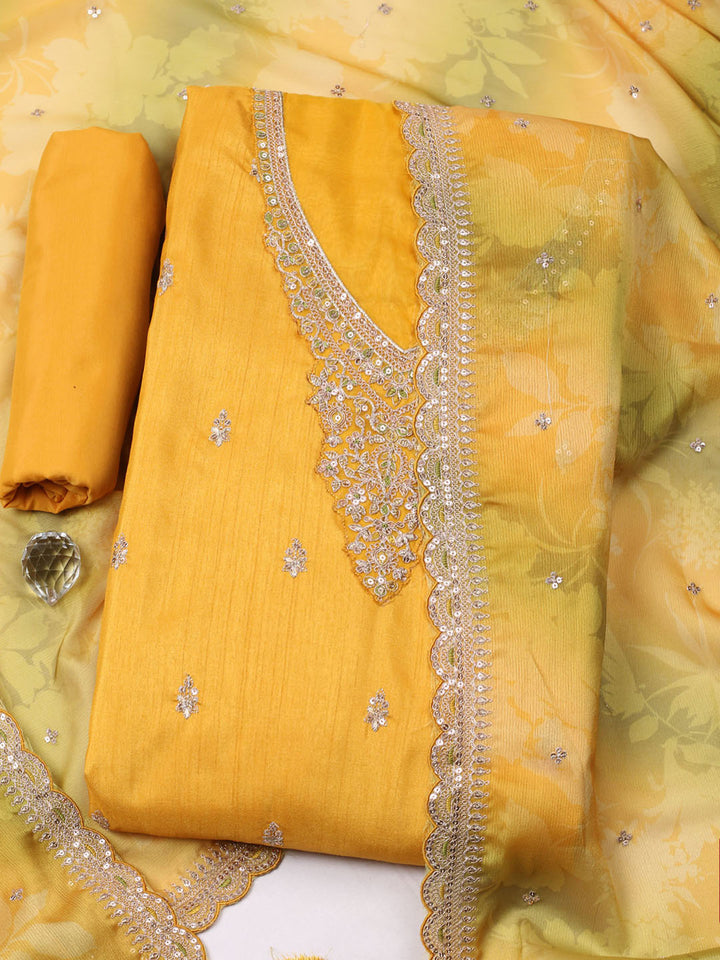 Embroidered Art Silk Unstitched Suit With Pant &amp; Dupatta