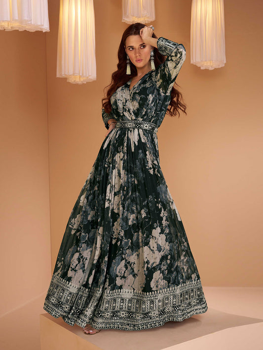 Digital Print & Sequin Work Gown Dress