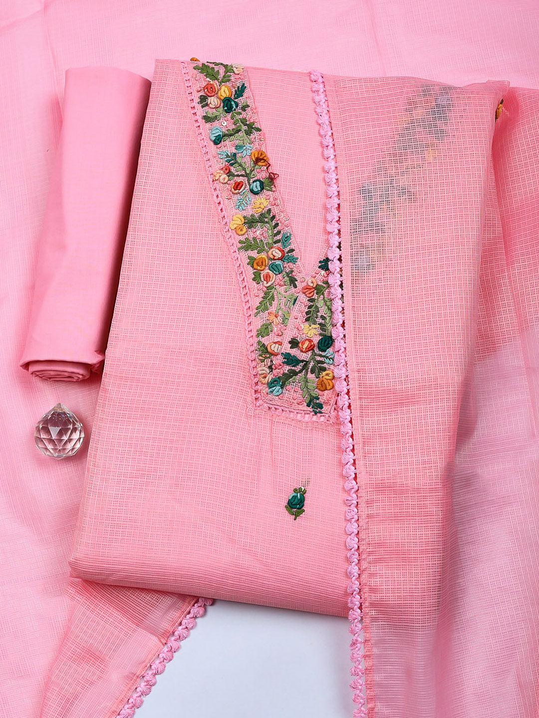 Embroidered Cotton Blend Unstitched Suit With Pant &amp; Dupatta