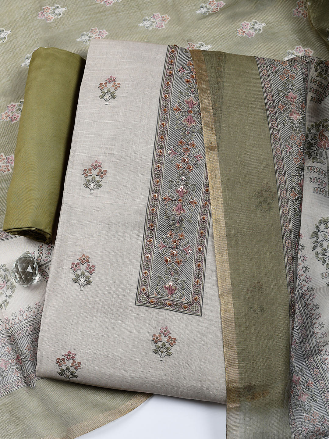 Embroidered Tissue Unstitched Suit With Pant &amp; Dupatta