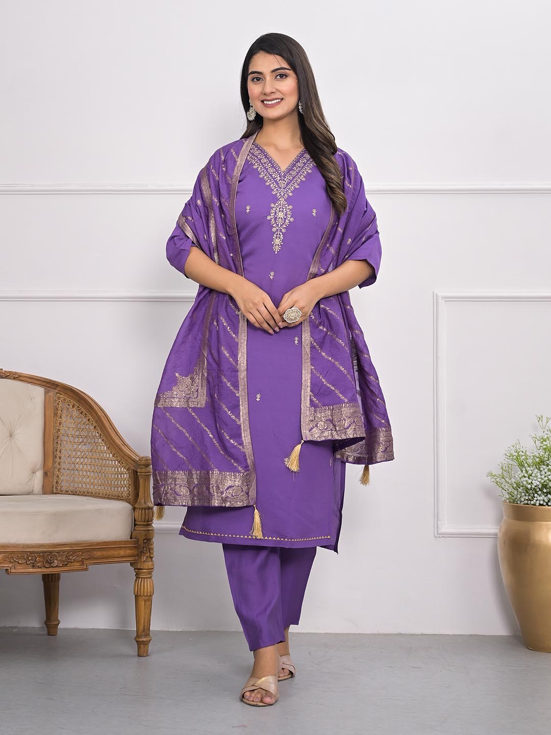 Neck Embroidery Muslin Kurta With Pants &amp; Dupatta