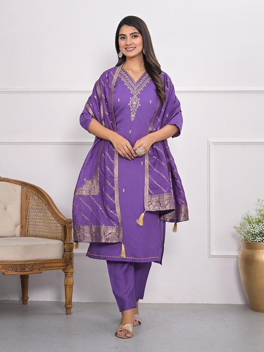 Neck Embroidery Muslin Kurta With Pants & Dupatta