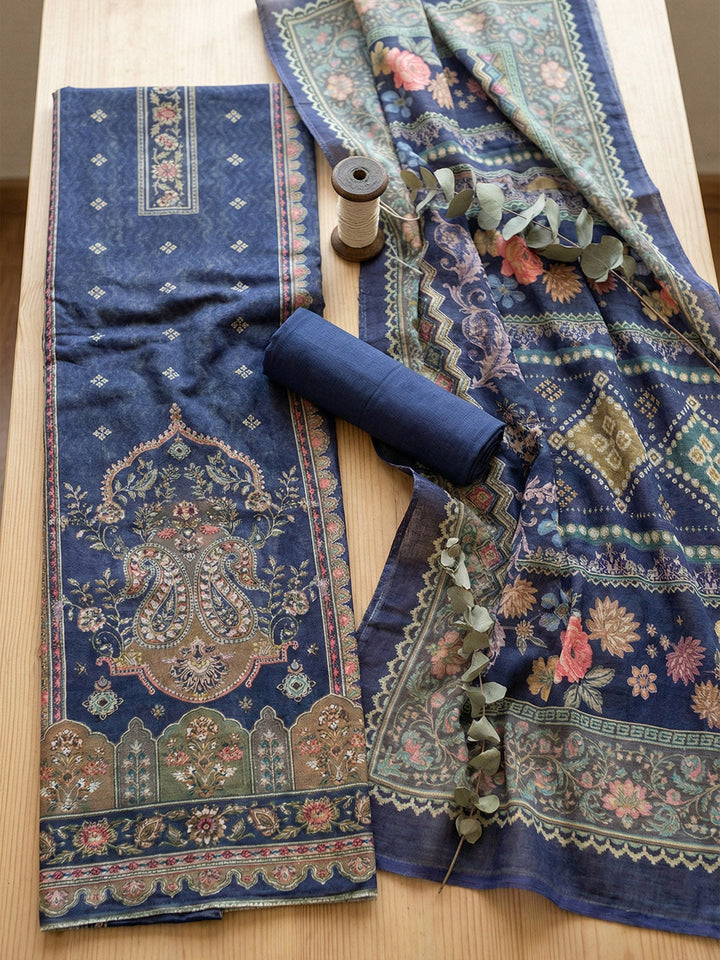 Embroidered Chanderi Unstitched Suit With Pant &amp; Dupatta