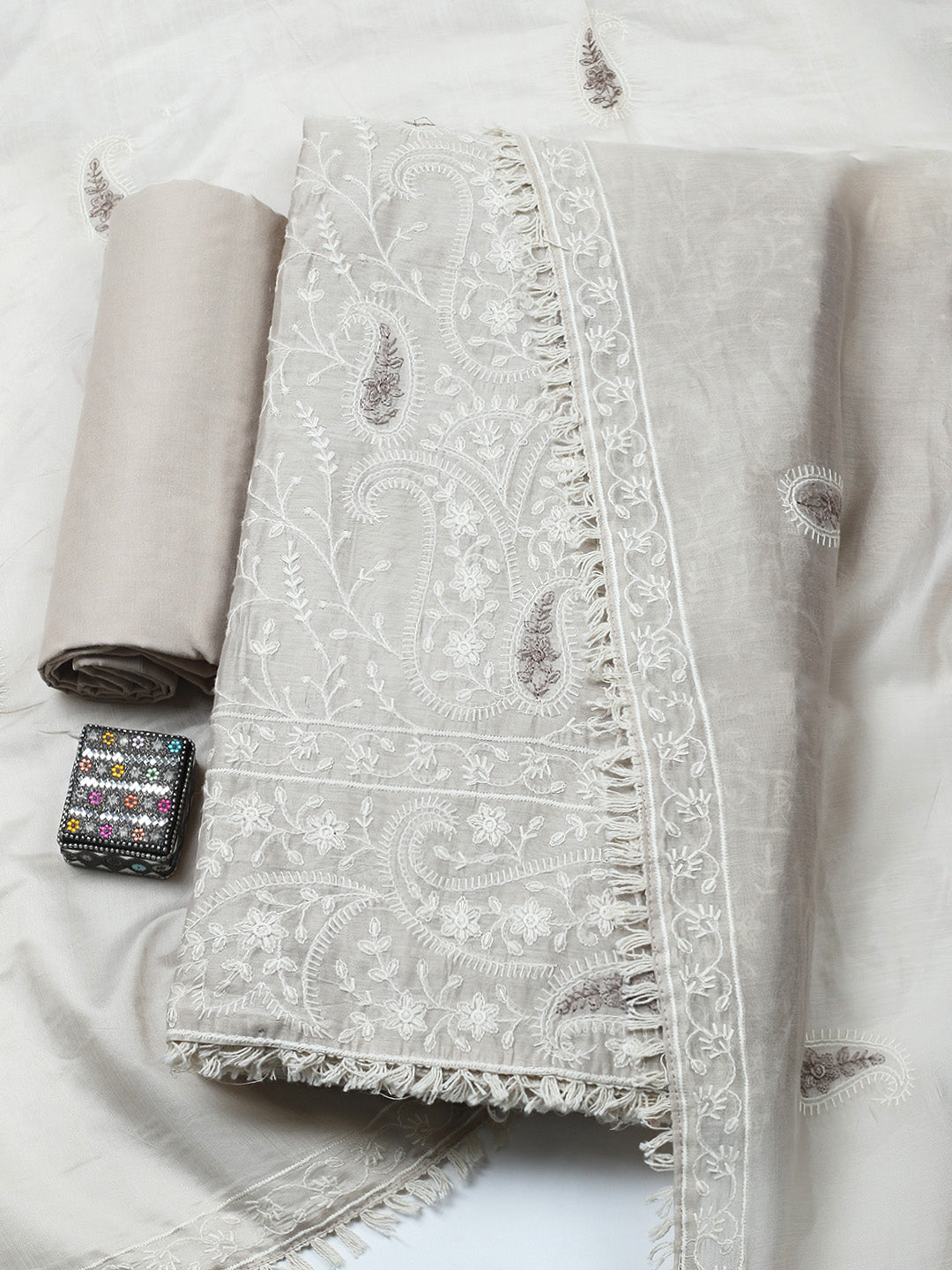 Embroidered Cotton Blend Unstitched Suit With Pant &amp; Dupatta