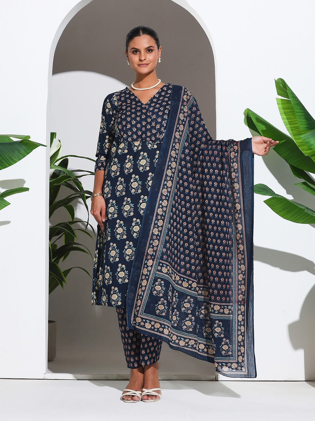 Printed Cotton Blend Kurta With Pant &amp; Dupatta
