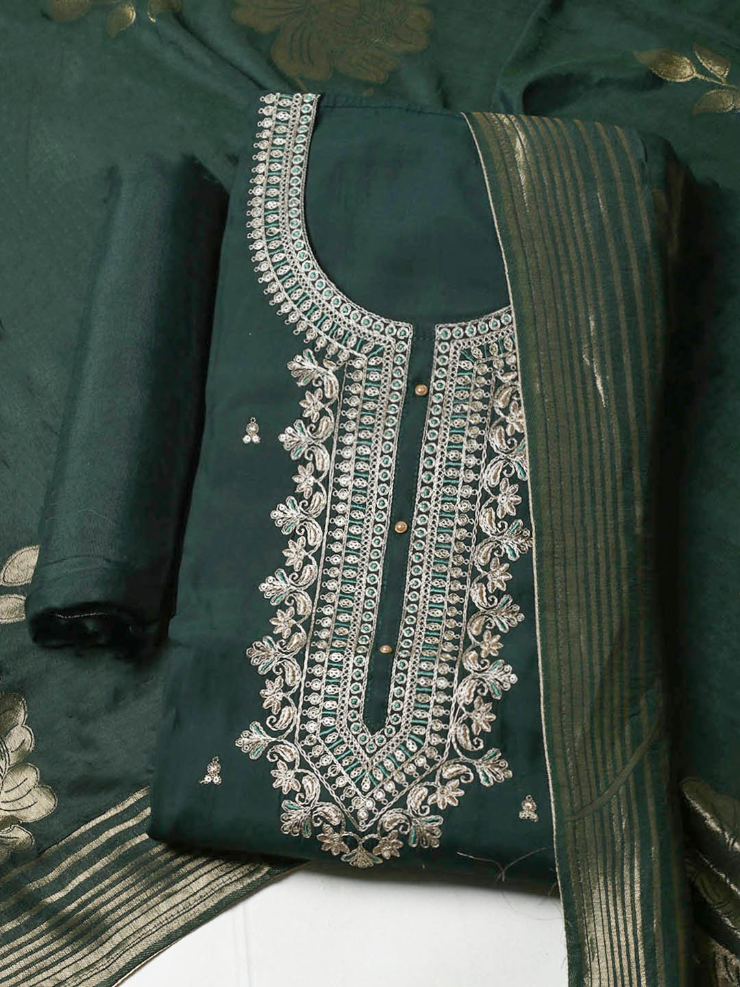 Embroidered Chanderi Unstitched Suit With Pant &amp; Dupatta