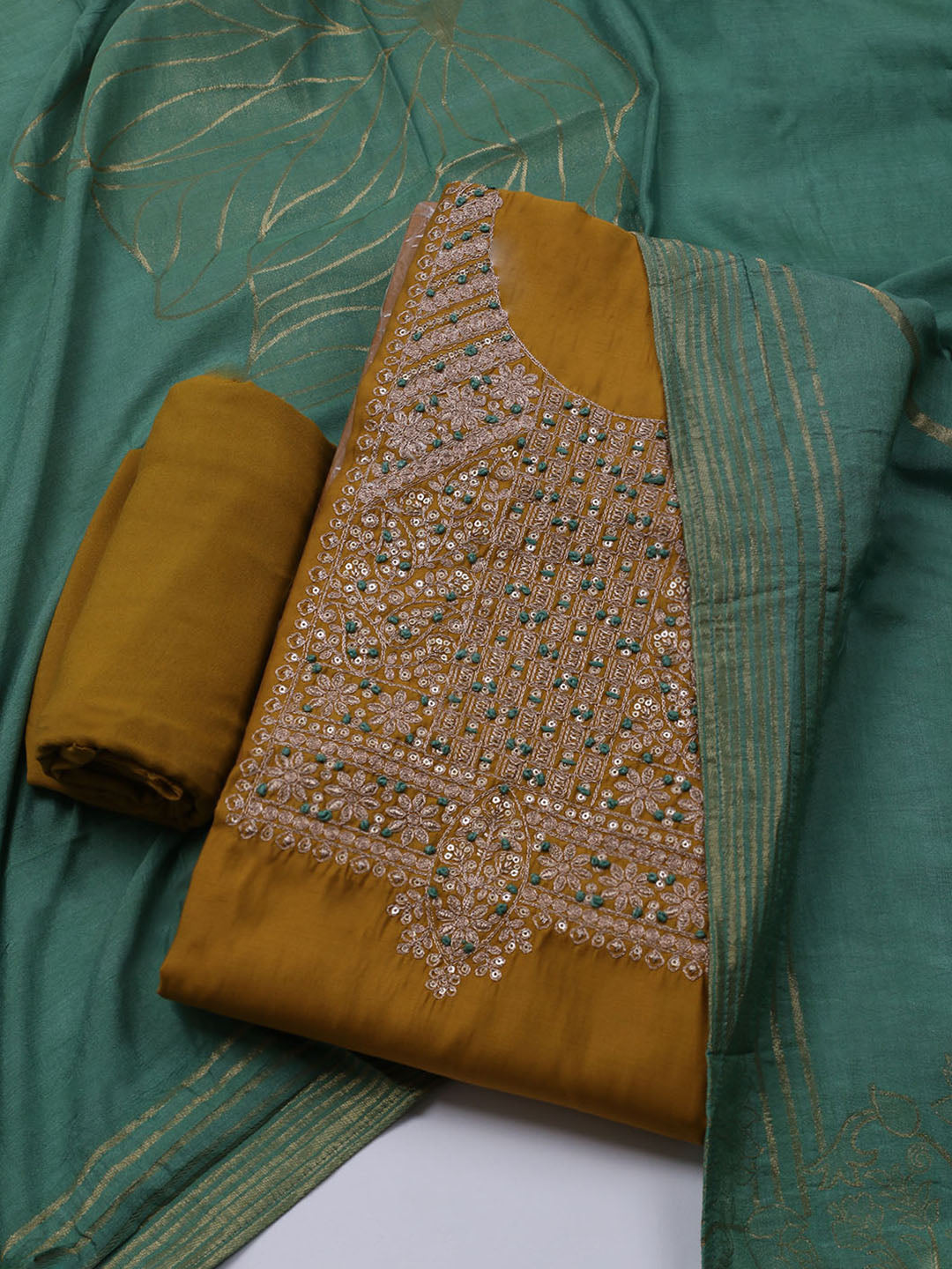 Neck Embroidered Chanderi Unstitched Suit With Dupatta