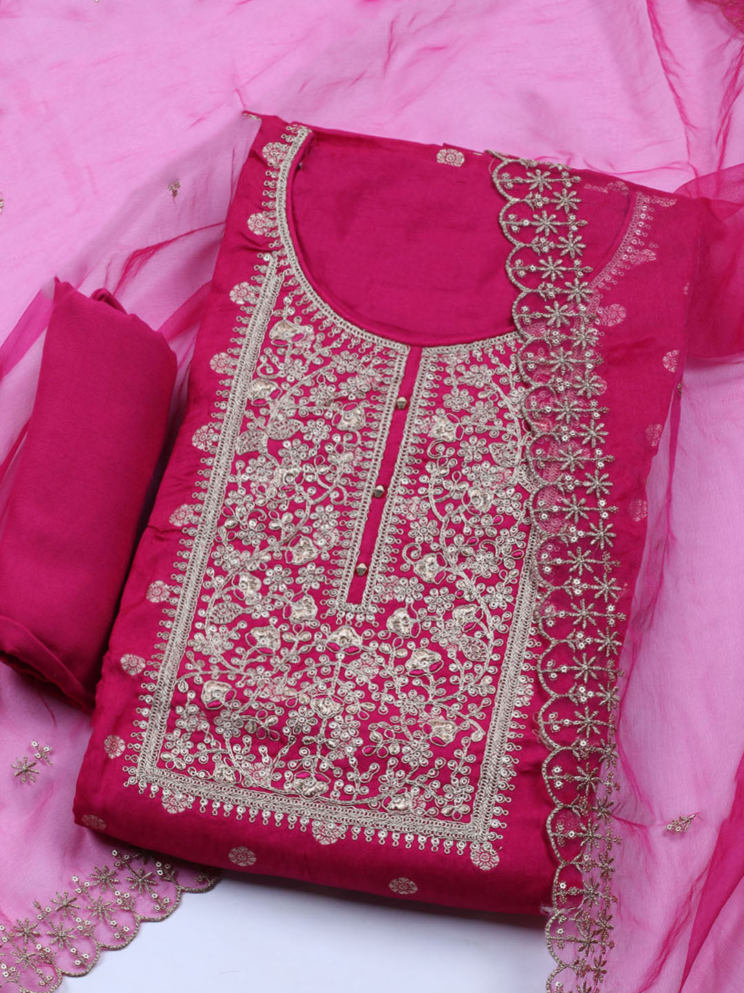 Neck Embroidered Chanderi Unstitched Suit With Dupatta