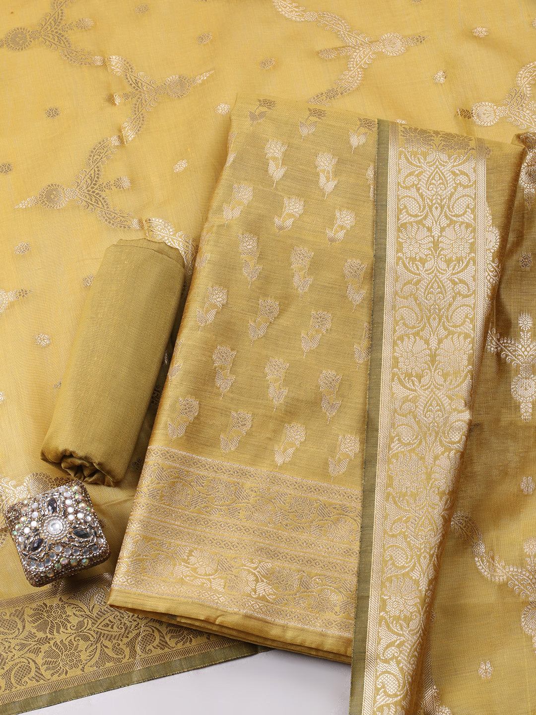 Woven Design Chanderi Unstitched Suit With Pant &amp; Dupatta
