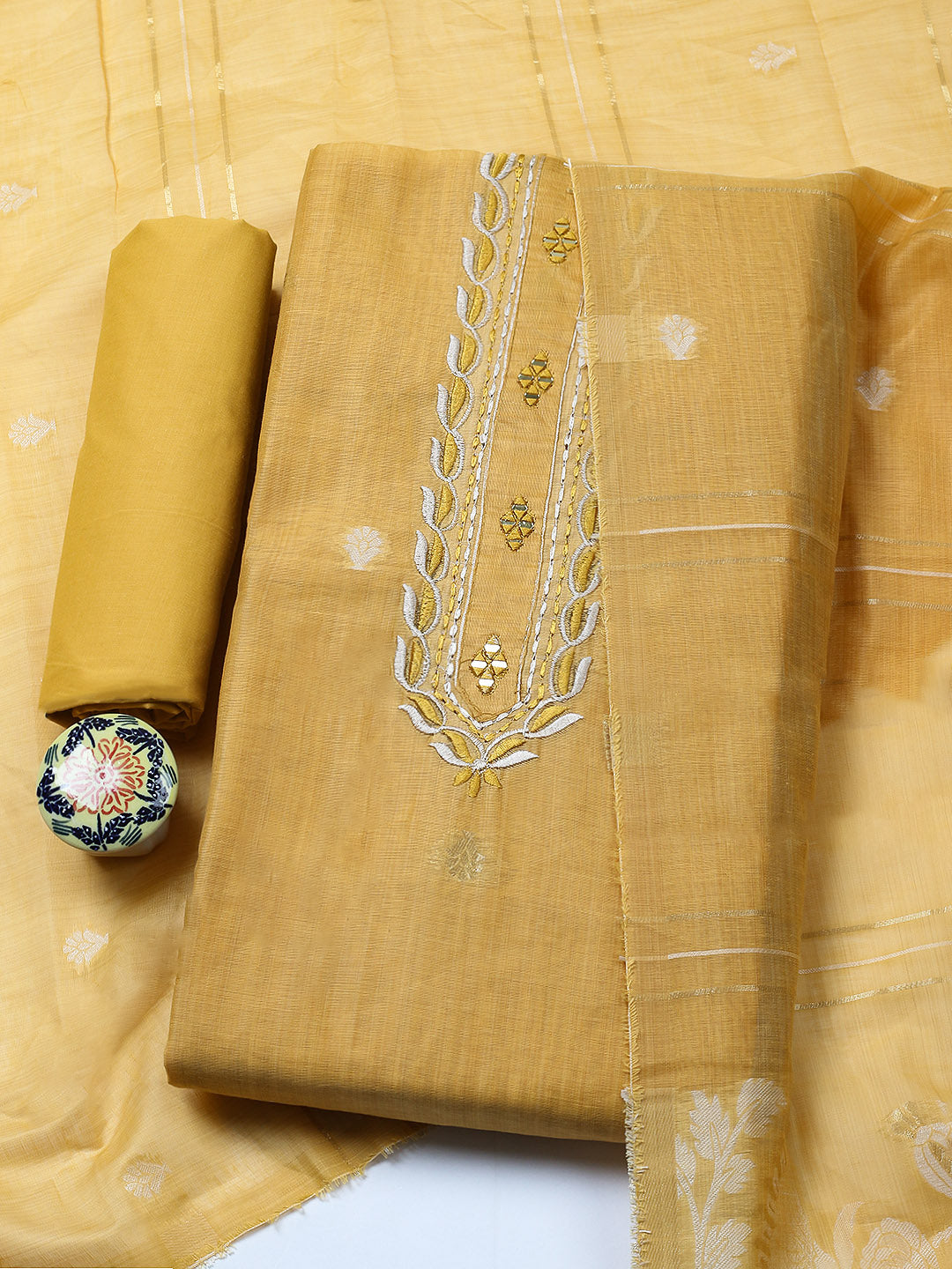 Embroidered Chanderi Unstitched Suit With Pant &amp; Dupatta