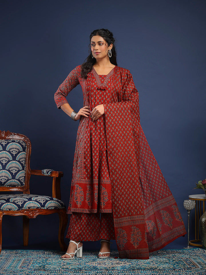 Maroon Cotton Blend Printed Straight Suit Set